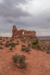 vertical banner with turret arch on a moody cloudy day. Arches National Park , nature and travel concept © piksik