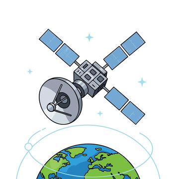 Satellite in Space Orbiting Earth with Communication and Technology Elements