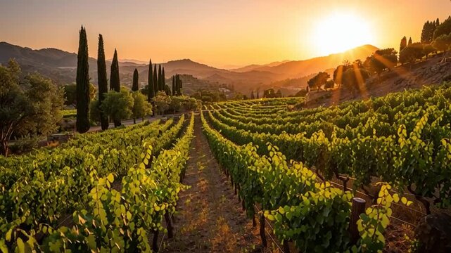 Cinematic Sunset Vineyard in Rolling Countryside
