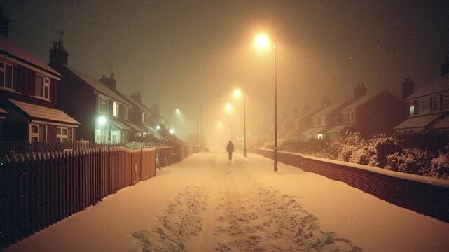 90s Retro Snowy UK Suburb Night Walk Under Streetlights