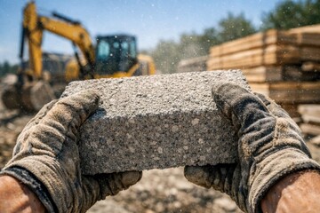 Fototapeta premium construction worker holding concrete block at building site with excavator in background. heavy industry, infrastructure development and residential construction project concept