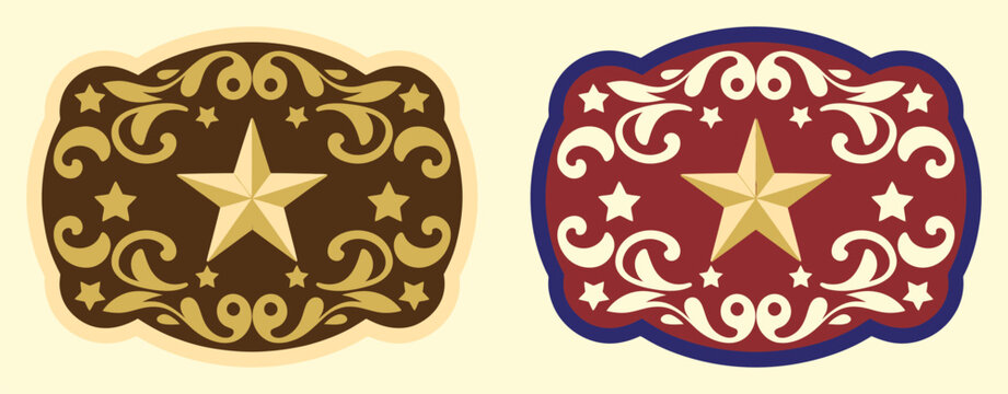 sheriff star badge on a western rodeo belt buckle, featuring a texas five point star with a decorative frame and wild west rank labels for law enforcement.