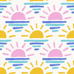 Seamless vector pattern featuring pastel pink and yellow sun rising over blue ocean lines in a playful tropical style on light background.