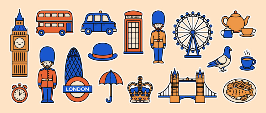 London Icons: A vibrant collection of iconic London symbols, artfully arranged against a muted backdrop, capturing the essence of the city's charm.