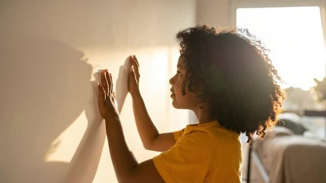 Curious young girl playing with sunlight and shadows on a wall