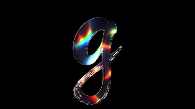 A brush-painted small letter "g" shimmering with various colored lights on a glass-like surface with an alpha channel. Seamless loop video.
