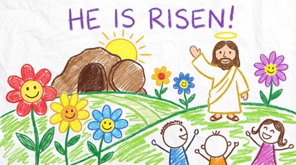 Obraz premium A joyful depiction of He is Risen featuring a figure and celebrating children in a bright, colorful scene. The scene includes a tomb, flowers, and a radiant sun. 