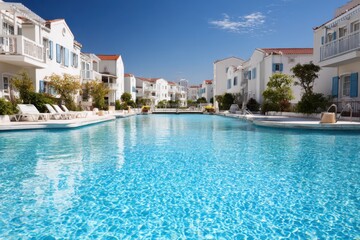 Fototapeta premium Luxury Resort Swimming Pool with White Buildings and Blue Sky
