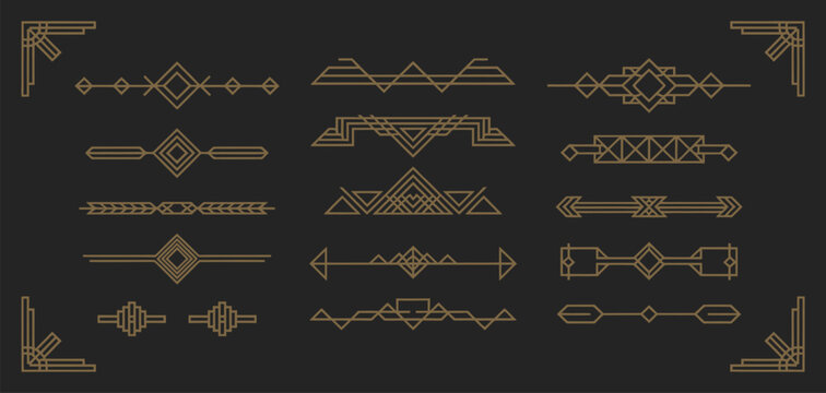 Art Deco border set featuring elegant geometric decorative frames in classic 1920s style with gold linear patterns, luxury vintage vector elements for wedding invitations and menus.