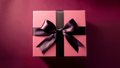 Elegant Pink Gift Box With A Luxurious Black Satin Ribbon And Bow Presented On A Deep Burgundy Background Perfect For Celebrations And Special Occasions