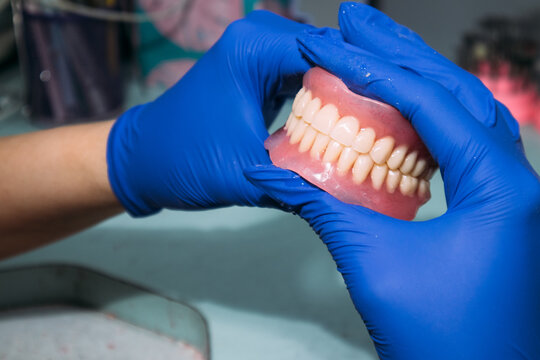 Full dental prosthesis in gloved hand