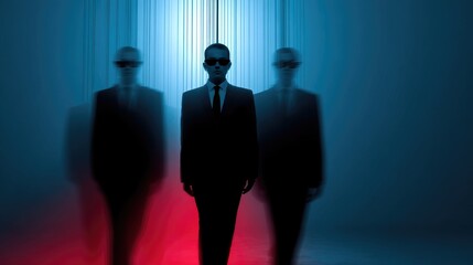 Fototapeta premium Mysterious Group of Men in Suits with Blurred Motion and Sunglasses in Neon Lighting