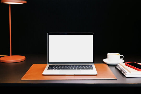 Laptop Mockup on Dark Desk Setup