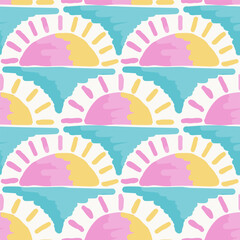 Seamless vector pattern featuring pink and yellow sun over turquoise ocean waves arranged in repeating layout on light background.