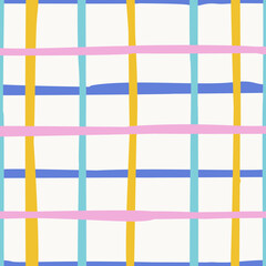 Seamless vector pattern featuring hand drawn vertical and horizontal lines forming colorful grid layout on a light neutral background.