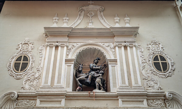 Saint James Matamoros statue in niche for San Fermin festival, Pamplona, Spain