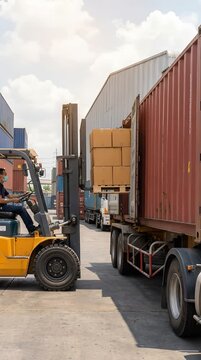 Yellow Forklift Unloading Brown Boxes from Red Container on Flatbed Trailer at Distribution Warehouse on Sunny Day
