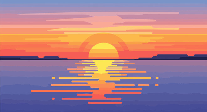 Vibrant sunset over water with colorful sky and reflection. Stylized vector landscape illustration.