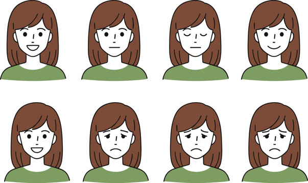 Girl avatar facial expression set with different emotions including happy neutral sad and tired moods for character illustration and social communication design