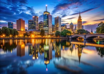 Fototapeta premium Melbournes majestic skyline unfolds at dusk, with iconic architecture and vibrant city lights reflected in a serene lake