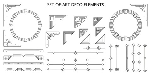 Art Deco style geometric design set featuring round and rectangular frames, corners, dividers, and pattern brushes with corner accents for luxury vintage invitations and branding. © Melissa J. Abrams