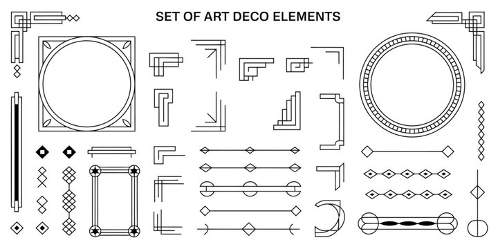 Art Deco style geometric design set featuring round and rectangular frames, corners, dividers, and pattern brushes with corner accents for luxury vintage invitations and branding.