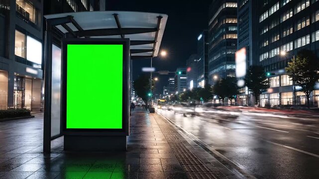 Green Screen Billboard at Night on a Busy City Street with Traffic