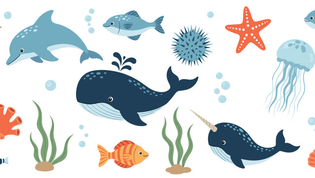 Whimsical sea life pattern featuring various marine animals including a blue whale, dolphin, narwhal, fish, and jellyfish on a white background.