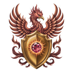 Obraz premium Majestic phoenix rising behind golden shield with ruby gemstone