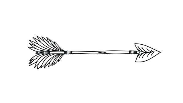 Vintage style hand drawn black and white line art illustration of a traditional wooden arrow with fletching and a stone arrowhead tip.