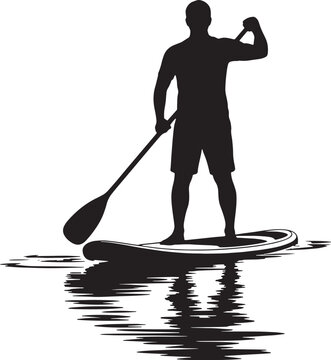 Silhouette of a man paddleboarding on water with reflections stand up paddleboarding