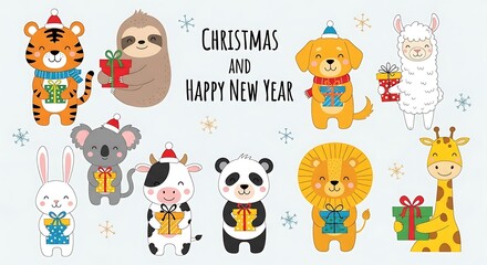 Fototapeta premium Cartoon Animals Celebrating Christmas and New Year.