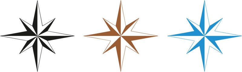 Fototapeta premium Compass wind rose star icon set in multiple colors representing navigation direction travel map symbol and nautical exploration design elements
