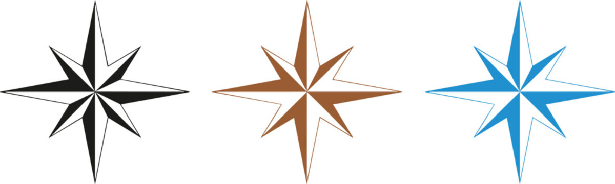 Compass wind rose star icon set in multiple colors representing navigation direction travel map symbol and nautical exploration design elements