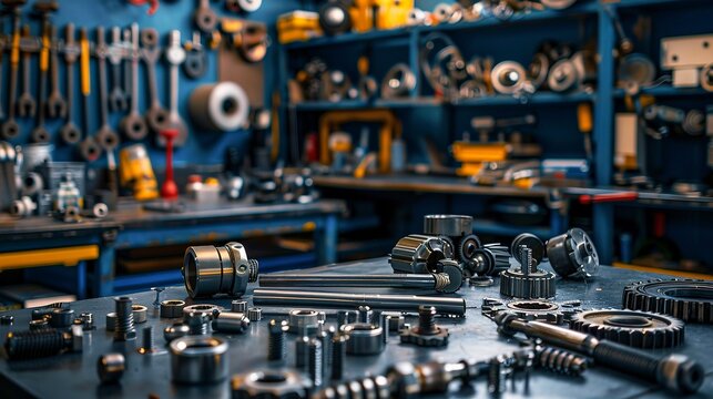 A photo of car parts on a mechanic's workbench.
