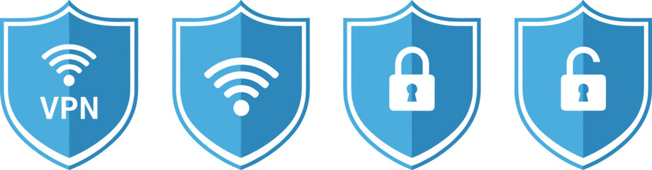 Cyber security shield icon set with VPN wifi and lock symbols representing data protection privacy encryption and secure internet connection concepts © Shamim