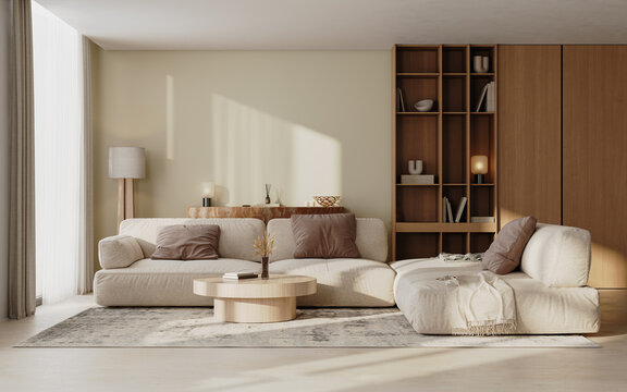 Living room interior in beige tones and wooden furniture, 3d