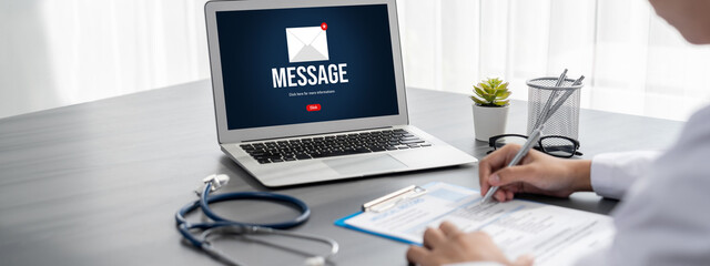 Email notification message showing on computer screen brisk. Digital marketing message information...