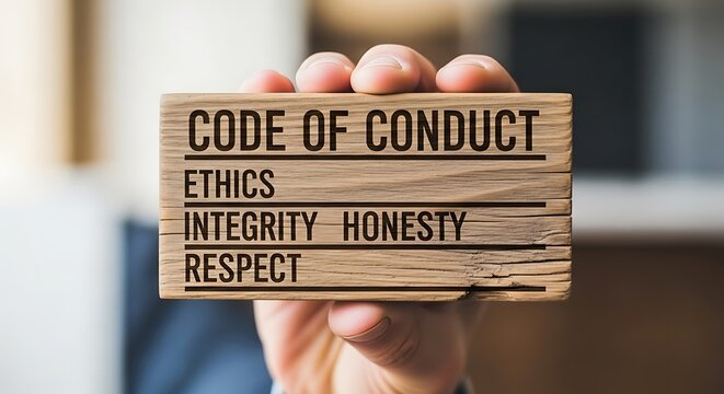 Hand holding wooden blocks with code of conduct.