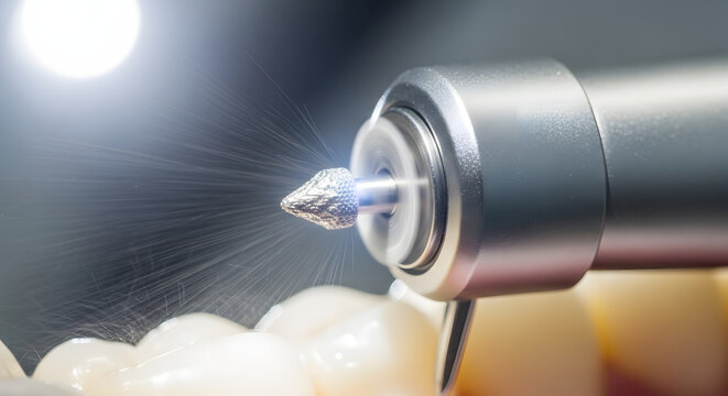 Dental drill working on teeth with sparkling silver burr. Generative AI
