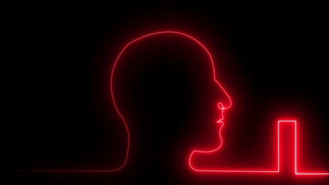 neon line Human head cyan outline on black background profile.4k video ,motion graphic animation.
