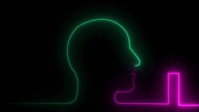 neon line Human head cyan outline on black background profile.4k video ,motion graphic animation.
