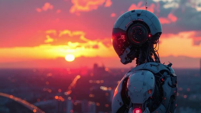 Futuristic robot observing a vibrant sunset over a sprawling city skyline