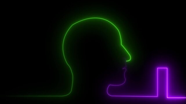 neon line Human head cyan outline on black background profile.4k video ,motion graphic animation.