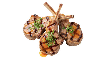 Grilled lamb chops with sauce isolated on transparent background PNG, gourmet meat dish with herbs for restaurant menu and food photography © Ciara