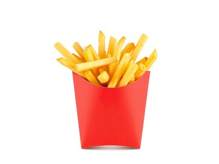 Crispy golden french fries in a red paper container isolated on white background