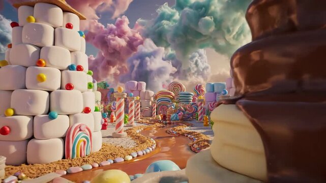 colorful candyland scene with sweet treats and towers made from lollipops and marshmallows in a fantasy landscape setting