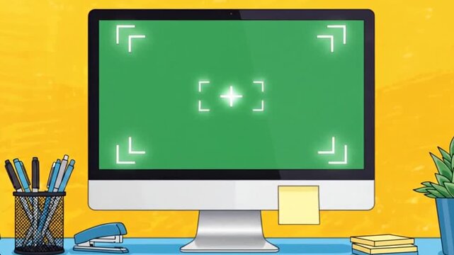Desktop computer monitor with green screen and markers on a desk with office supplies, yellow background.