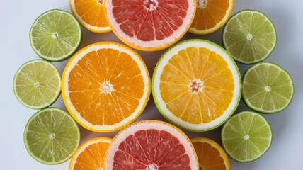 Fototapeta premium Sliced Citrus Fruits Arranged Together in a Circular Pattern on a White Surface