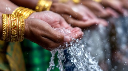 Fototapeta premium songkran cultural ceremony, respectful water pouring on elderly hands, thai family tradition